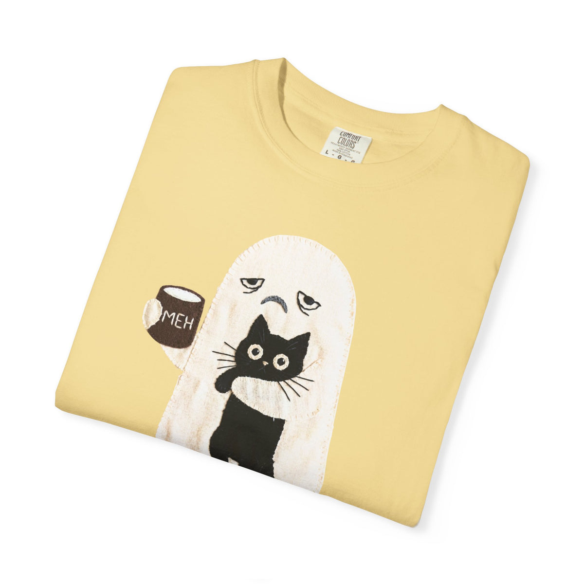 Ghost Cat Faux Patchwork Graphic T-Shirt — Grumpy Ghost Black Cat Coffee Tee