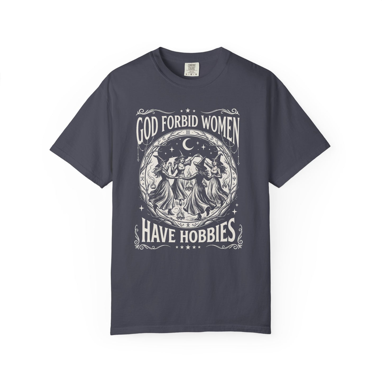God Forbid Women Have Hobbies graphic t-shirt in Navy — vintage witch circular print on garment-dyed heavyweight cotton tee.