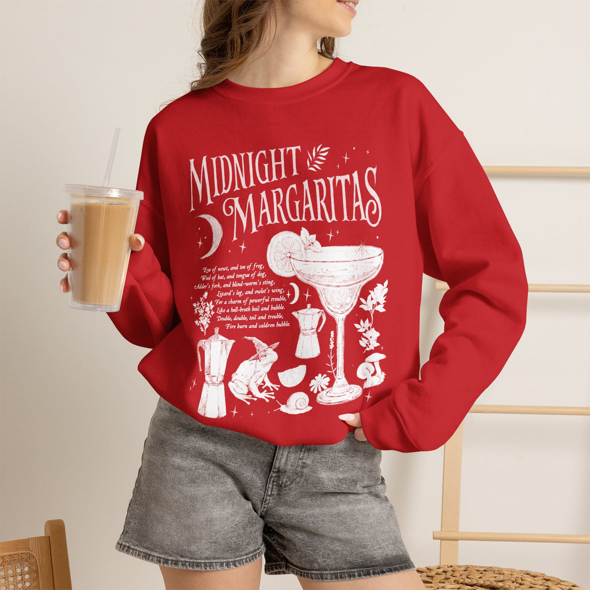 Midnight Margaritas crewneck sweatshirt in Red — front cocktail graphic and occult cottagecore symbols on back, including COEXIST