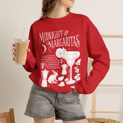Midnight Margaritas crewneck sweatshirt in Red — front cocktail graphic and occult cottagecore symbols on back, including COEXIST