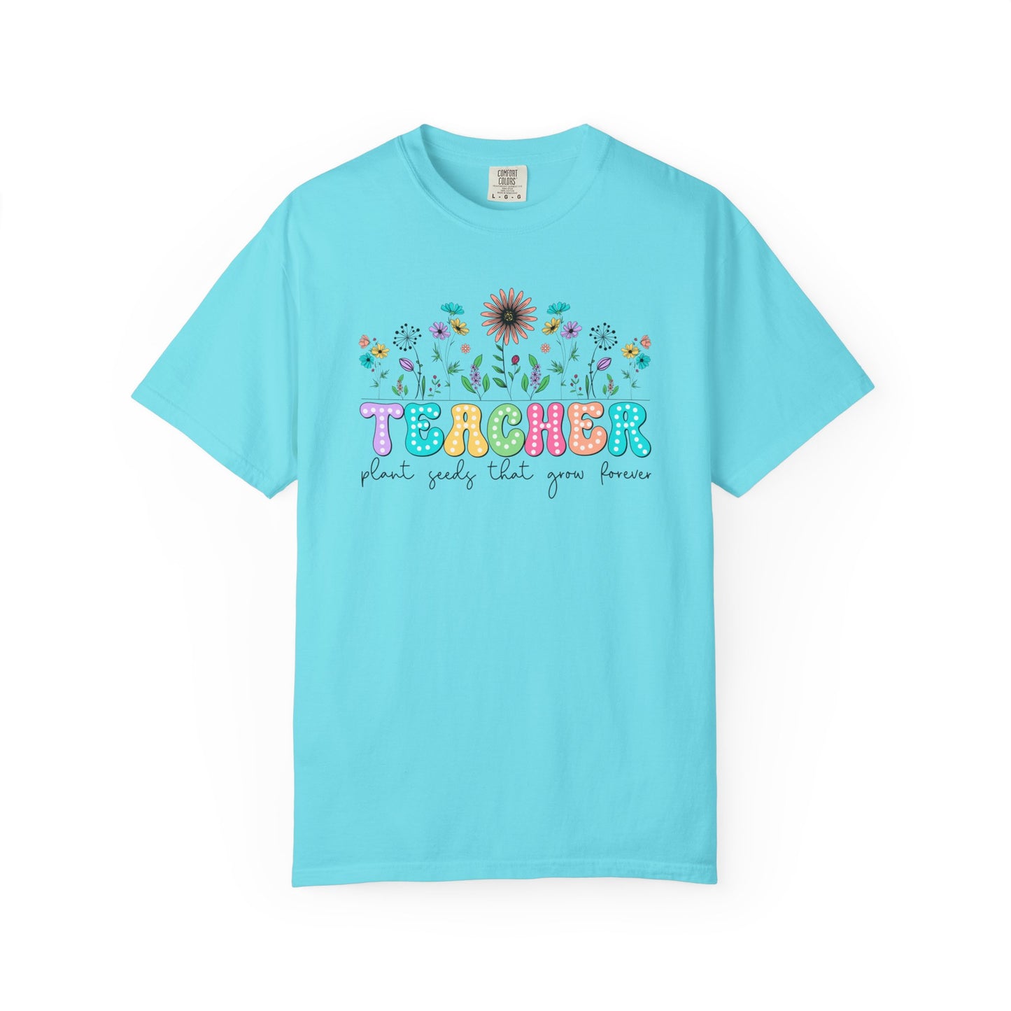 Lagoon t-shirt with colorful 'Teacher' design on a white background