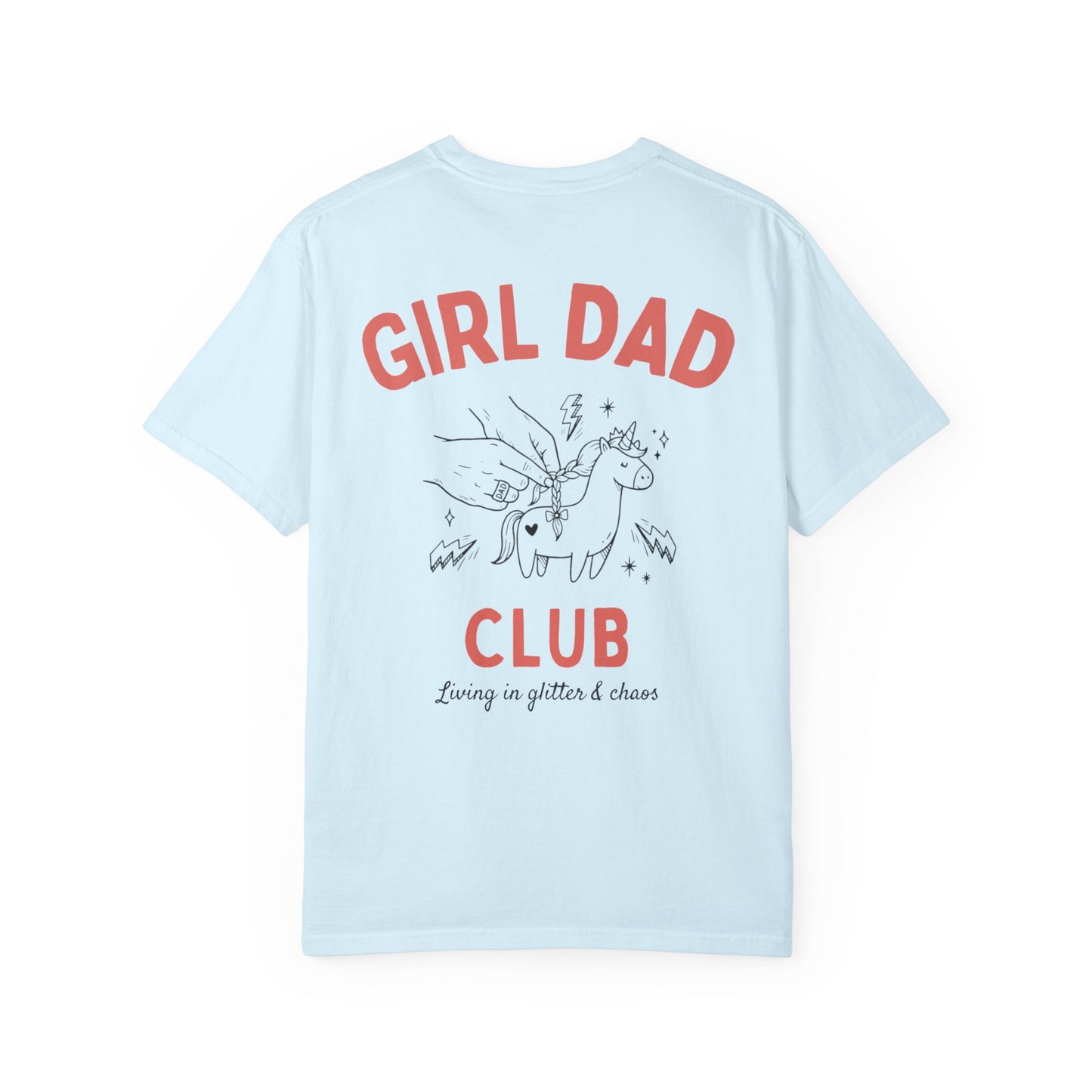 Girl Dad Club chambray t-shirt with graphic print on a plain background