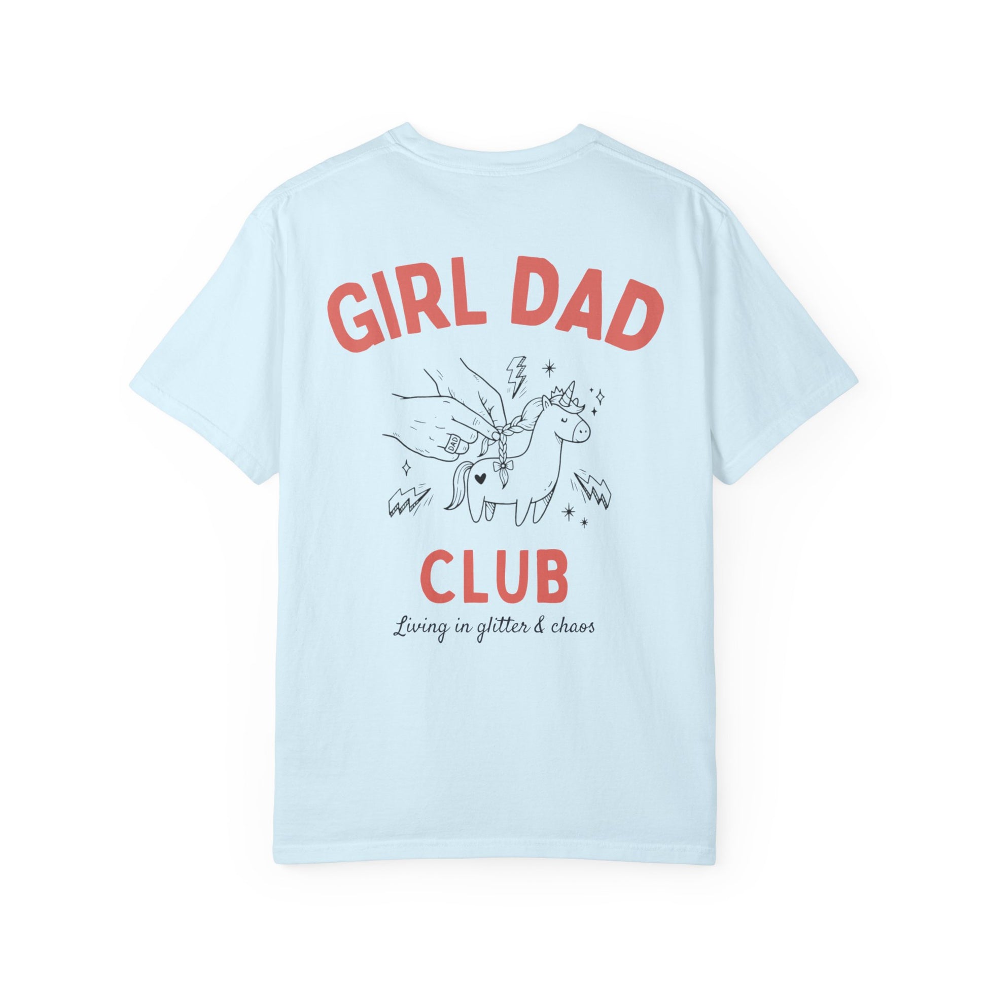 Girl Dad Club chambray t-shirt with graphic print on a plain background