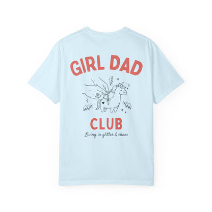 Girl Dad Club chambray t-shirt with graphic print on a plain background