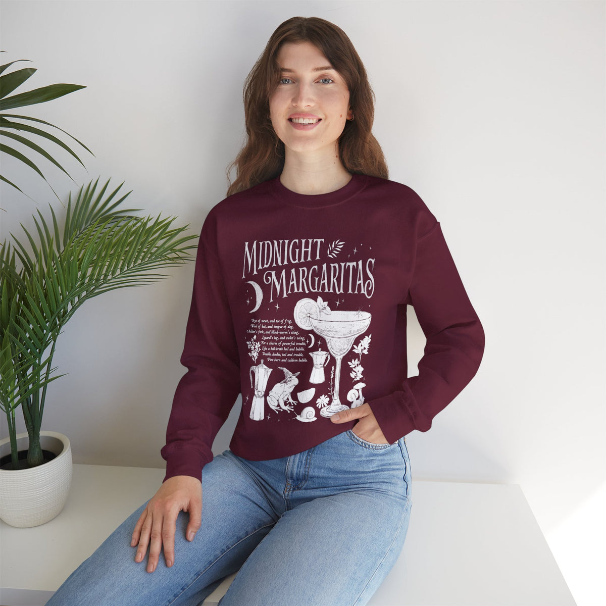 Midnight Margaritas crewneck sweatshirt in maroon — front cocktail graphic and occult cottagecore symbols on back, including COEXIST