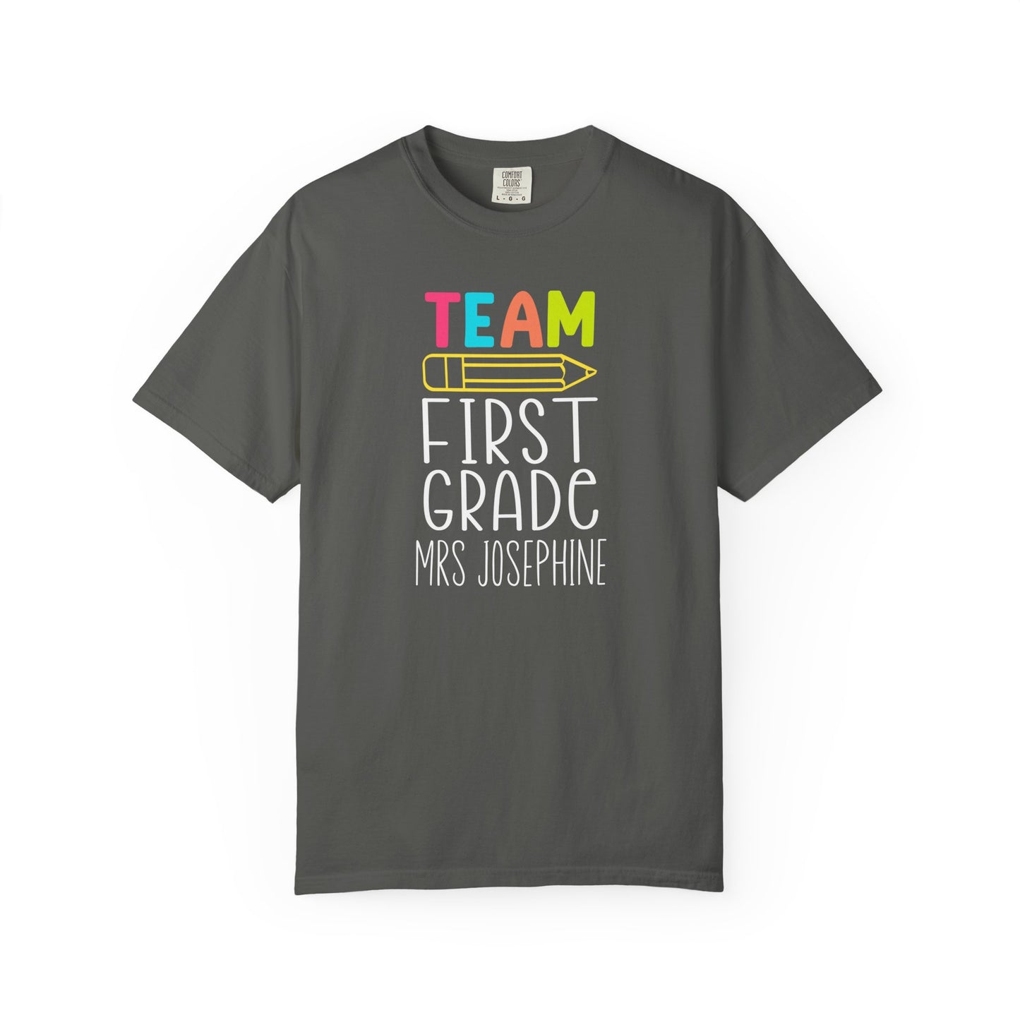 pepper t-shirt with 'Team First Grade Mrs Josephine' text on a white background