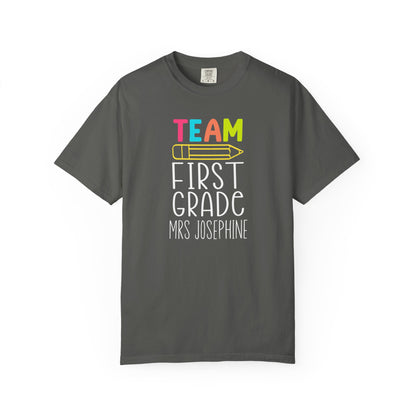 pepper t-shirt with 'Team First Grade Mrs Josephine' text on a white background