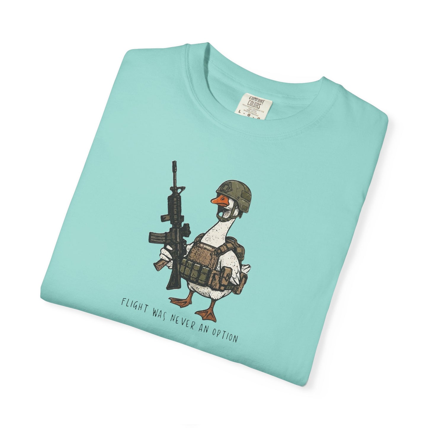 Chalky Mint garment-dyed unisex tactical goose graphic tee — Flight Was Never an Option silly goose shirt