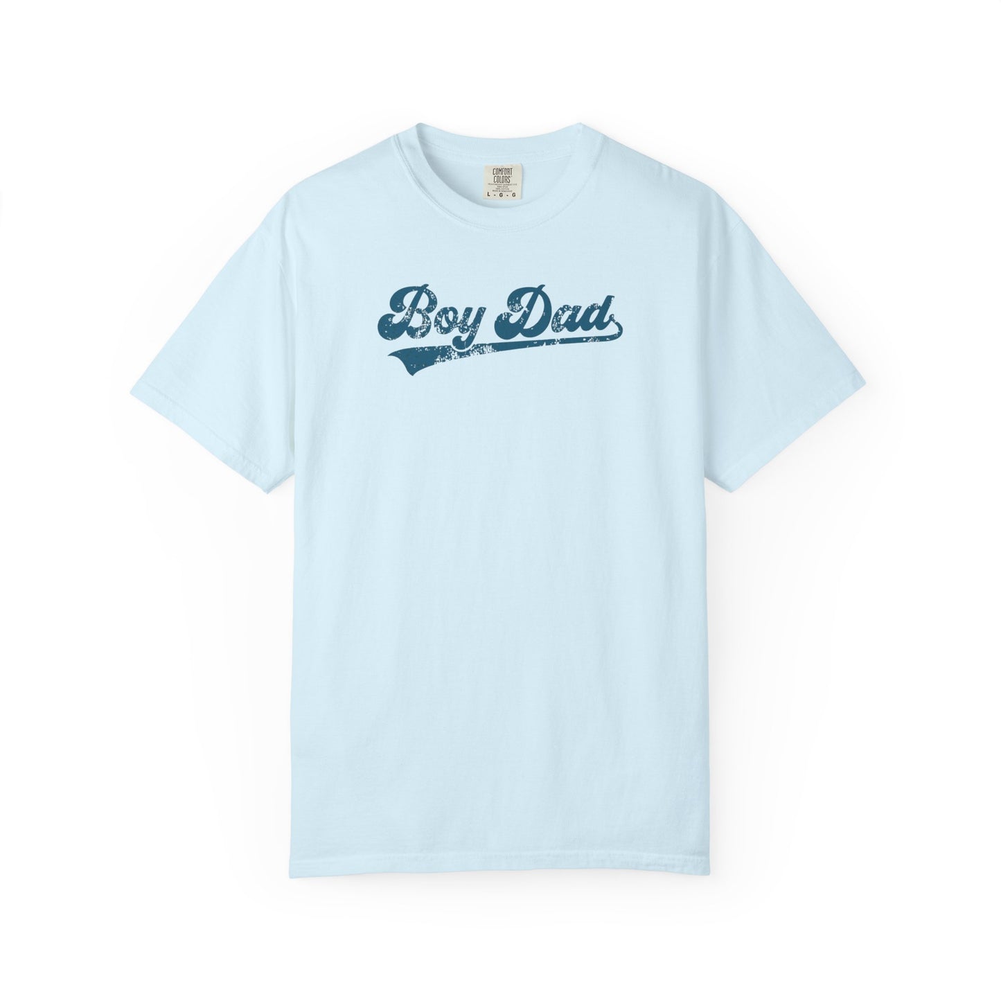 Chambray t-shirt with 'Boy Dad' text on a white background