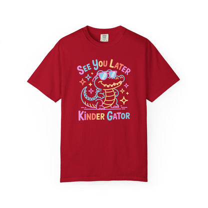 Red t-shirt with a cartoon alligator graphic and text on a white background