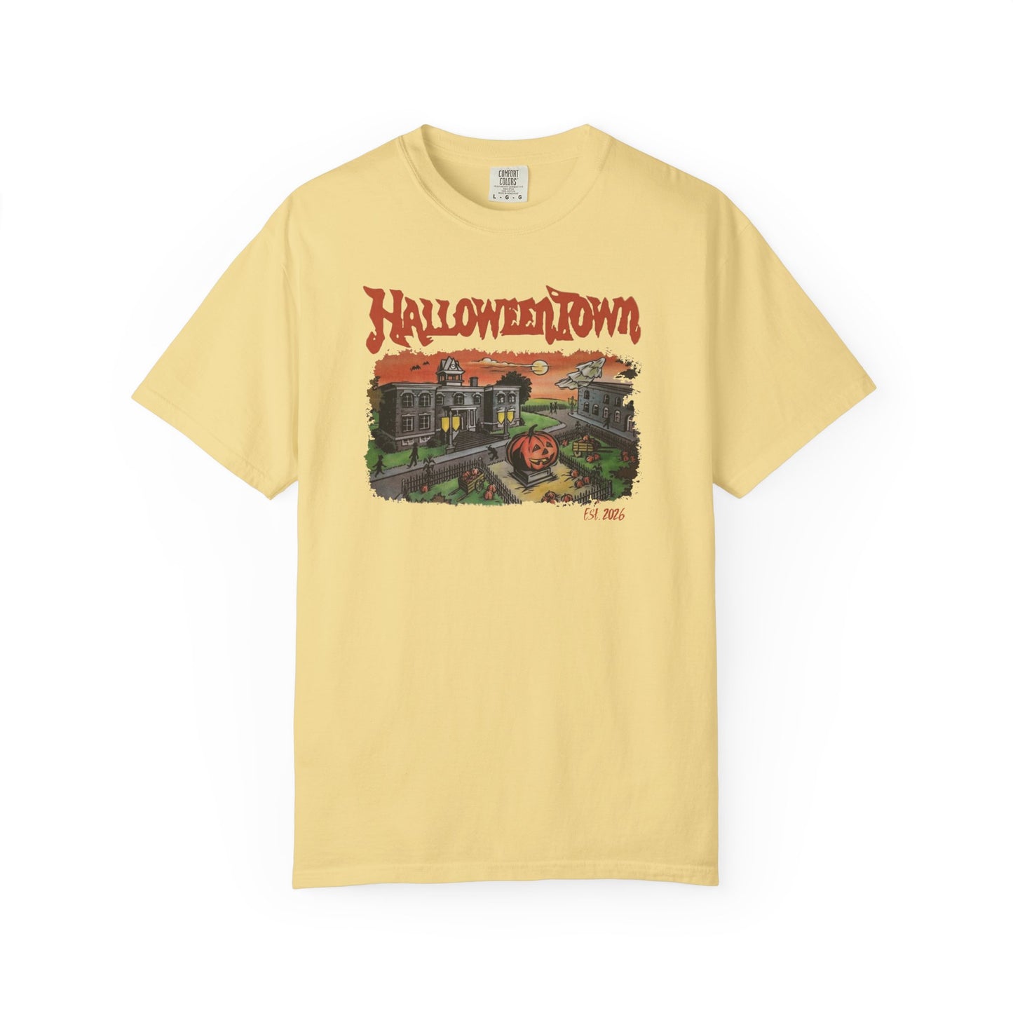 Halloweentown University T-Shirt in Butter — retro spooky campus graphic tee, garment dyed