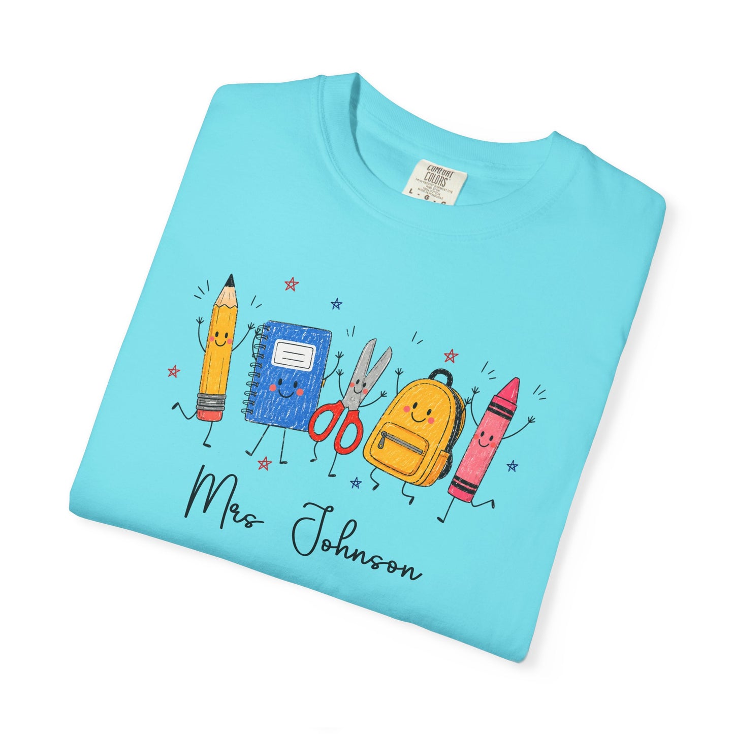 Personalized teacher t-shirt in Lagoon Blue with custom name printed on front — soft garment-dyed cotton tee, sizes S–4XL