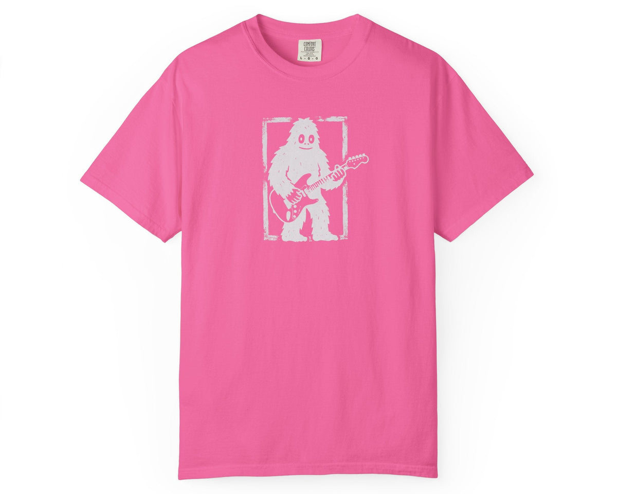 Neon Pink garment-dyed Bigfoot guitar graphic tee, heavyweight ring-spun cotton vintage band shirt