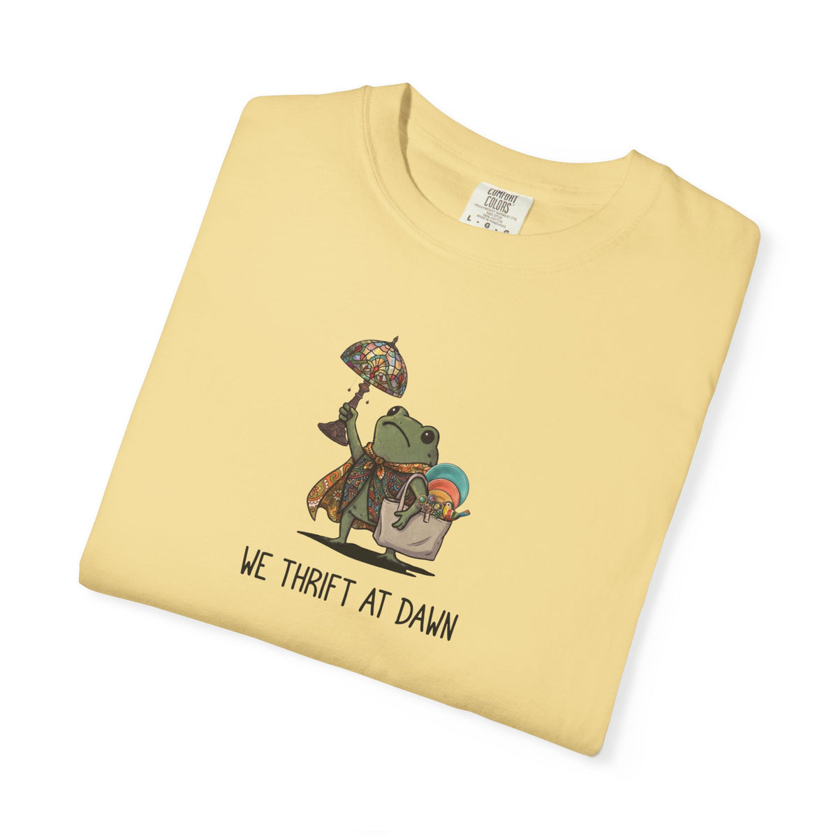 We Thrift at Dawn frog graphic tee in Butter — vintage camping thrift haul design