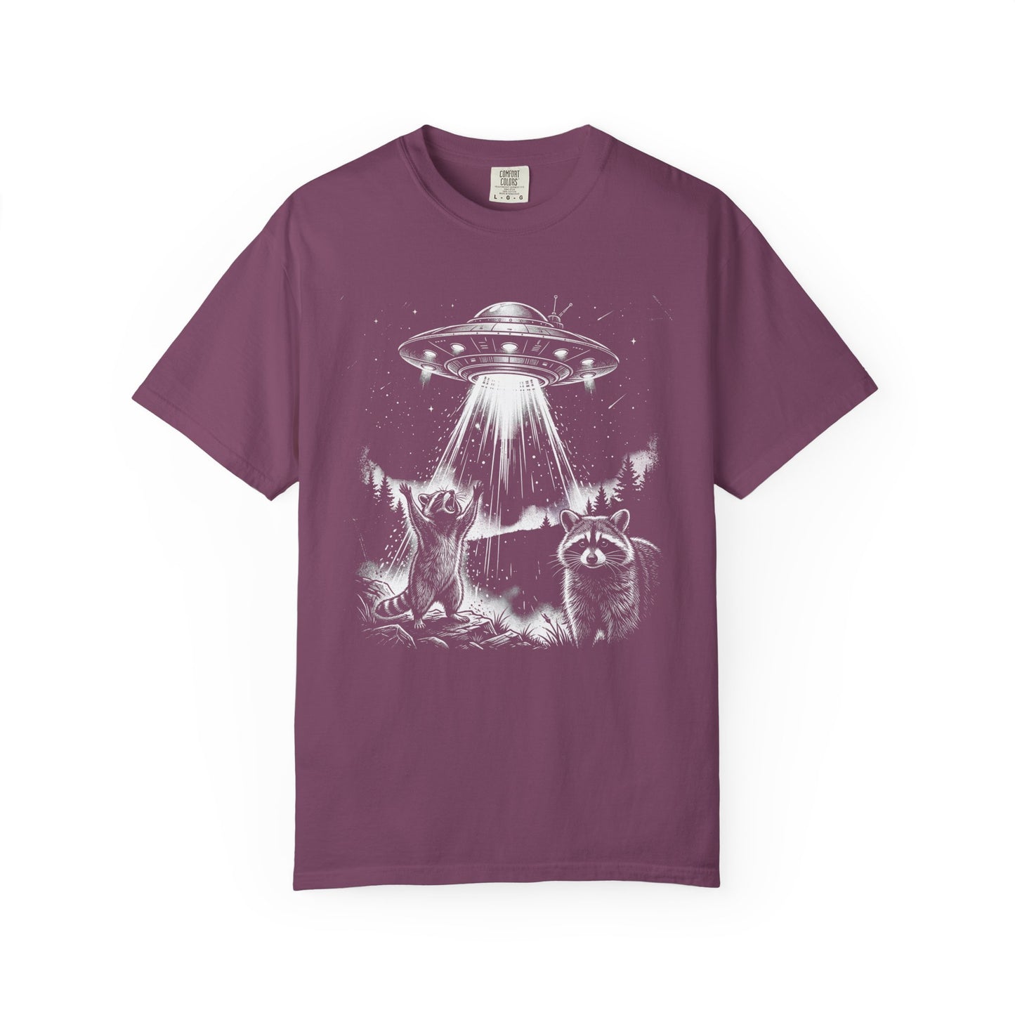 berry t-shirt with a graphic of a UFO and raccoons on a white background