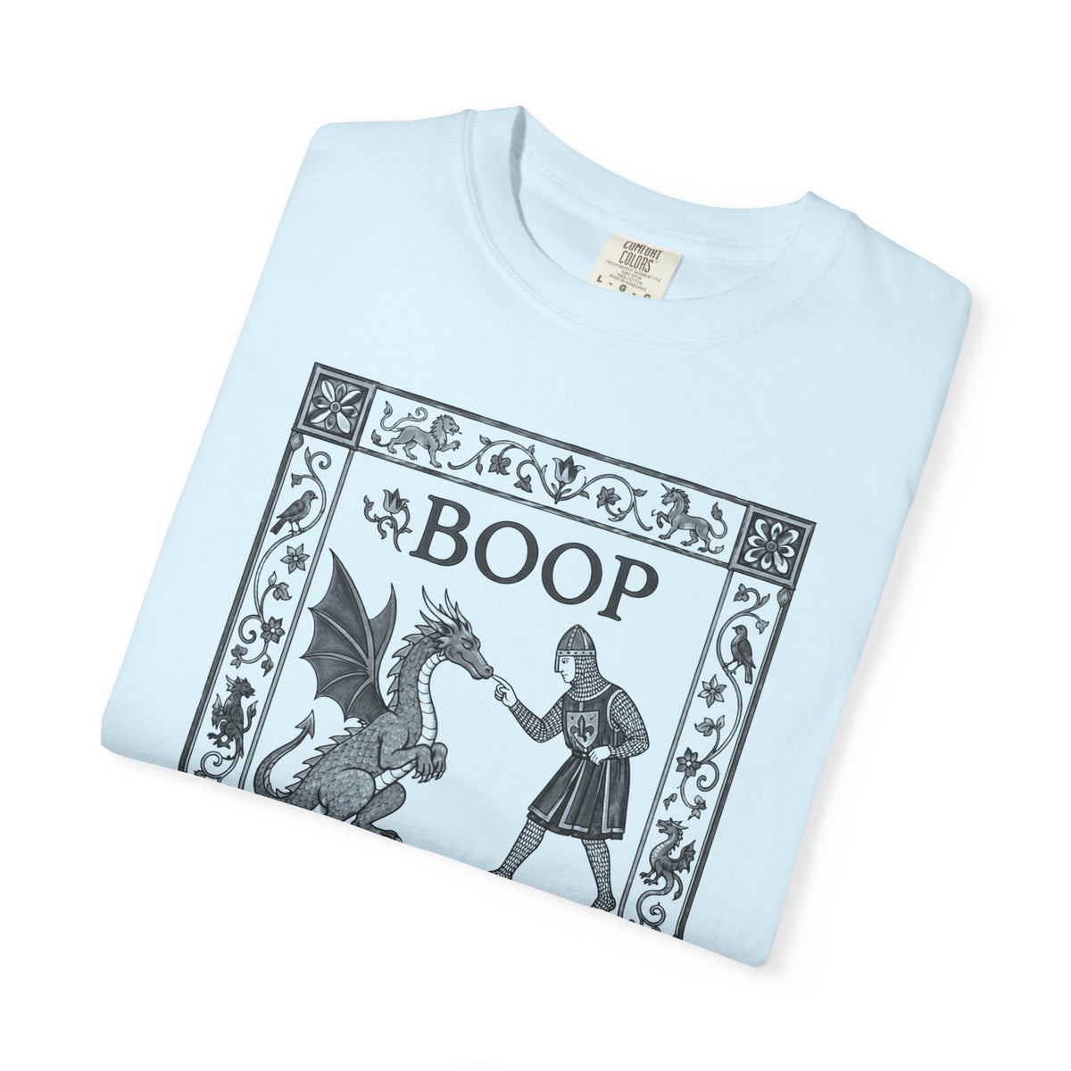Boop Dragon T-Shirt in Chambray — vintage illustration tee featuring an armored knight and winged dragon with ornate border and "BOOP" lettering


