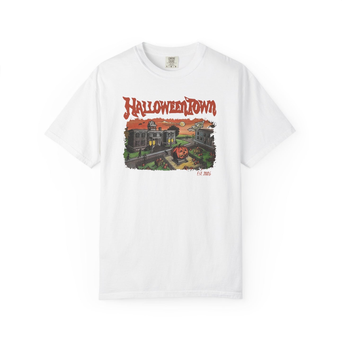 Halloweentown University T-Shirt in White — retro spooky campus graphic tee, garment dyed