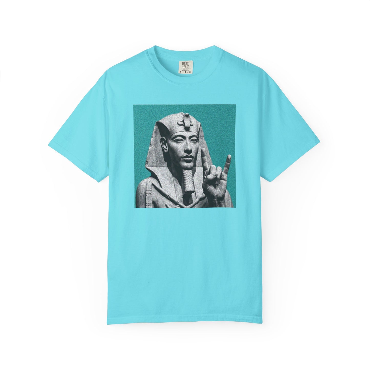 Egyptian Pharaoh Graphic T-Shirt in Lagoon Blue — vintage Egyptian statue graphic, garment-dyed heavyweight cotton tee
