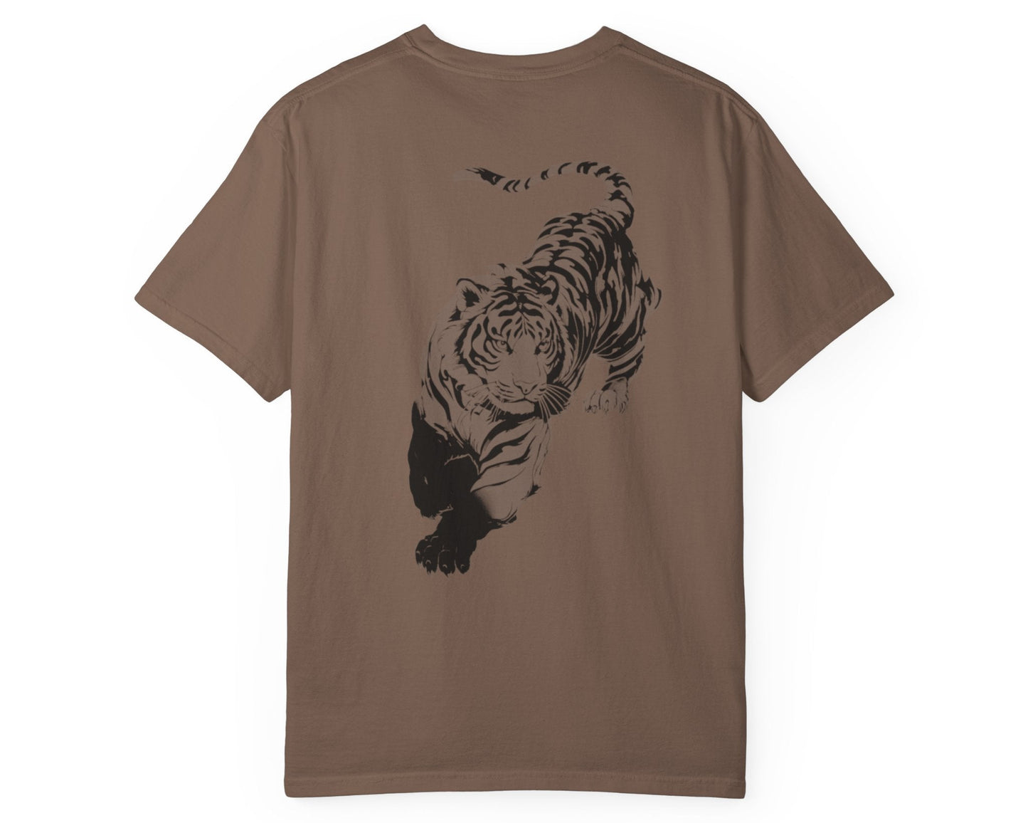 Tiger claw mark front and stalking tiger back graphic tee in ESPRESSO, heavyweight garment-dyed cotton