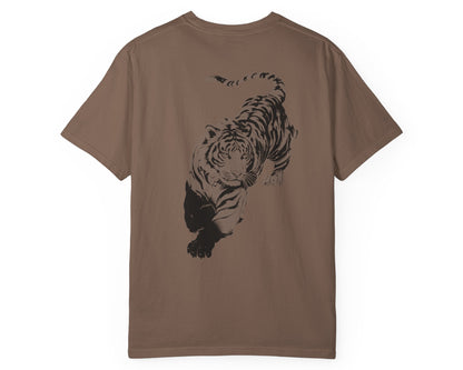 Tiger claw mark front and stalking tiger back graphic tee in ESPRESSO, heavyweight garment-dyed cotton