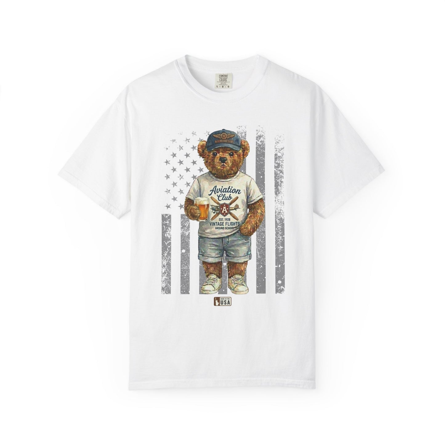 White t-shirt with a bear graphic and American flag design on a white background