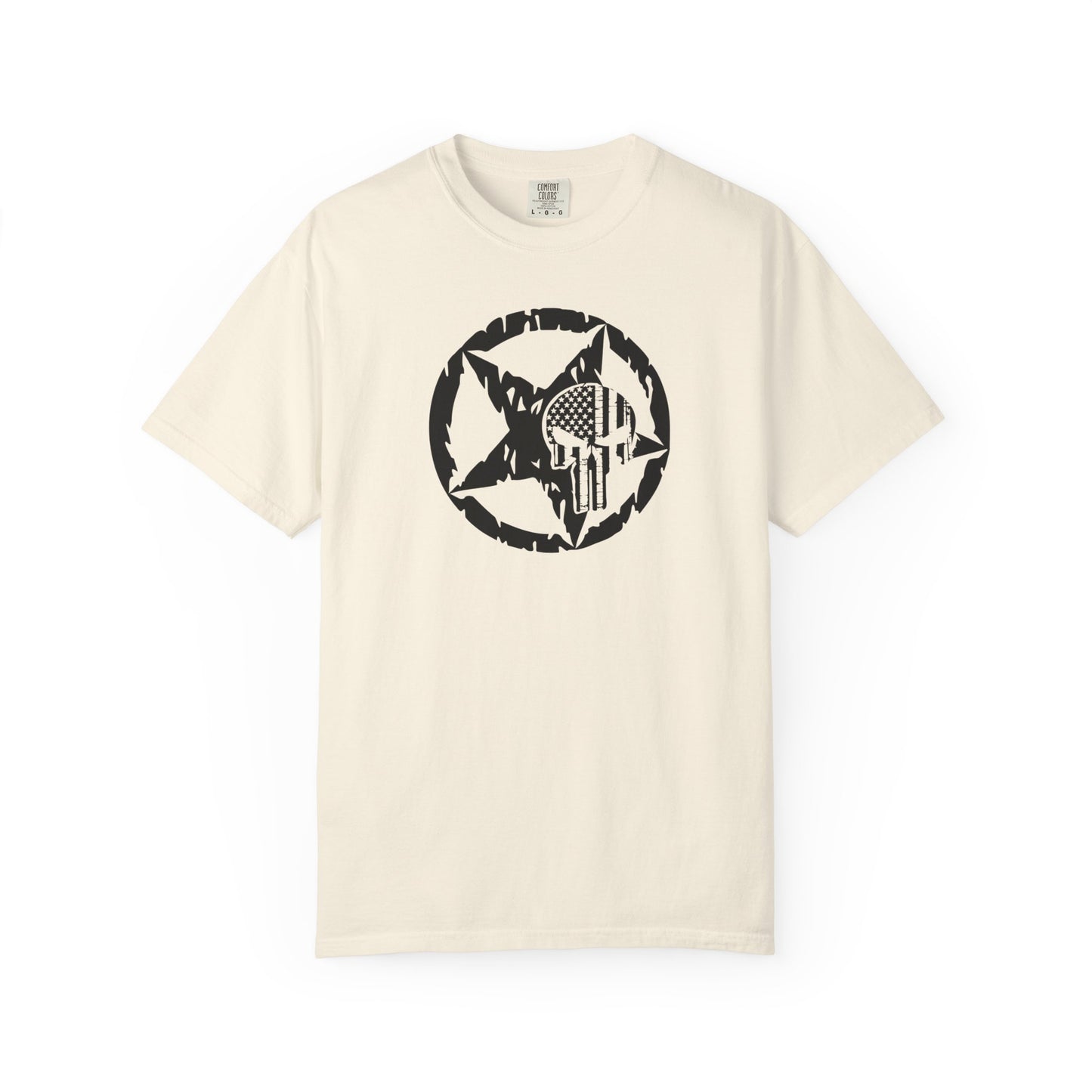 ivory t-shirt with white star and circle design on front, and Punisher skull design on back