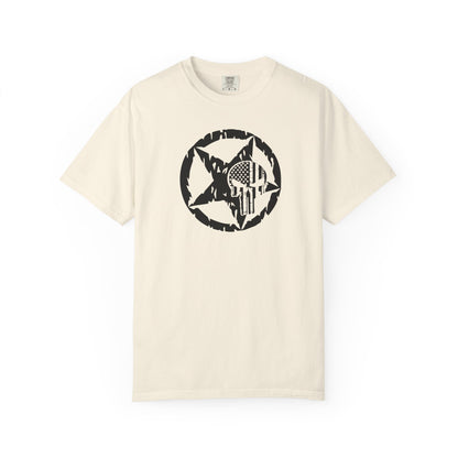 ivory t-shirt with white star and circle design on front, and Punisher skull design on back