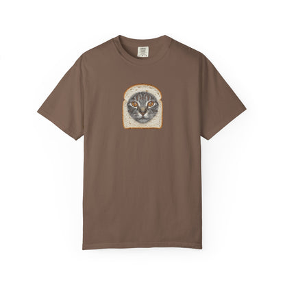 espresso t-shirt with graphic of cat sticking out a bread loaf on a white background