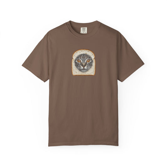 espresso t-shirt with graphic of cat sticking out a bread loaf on a white background