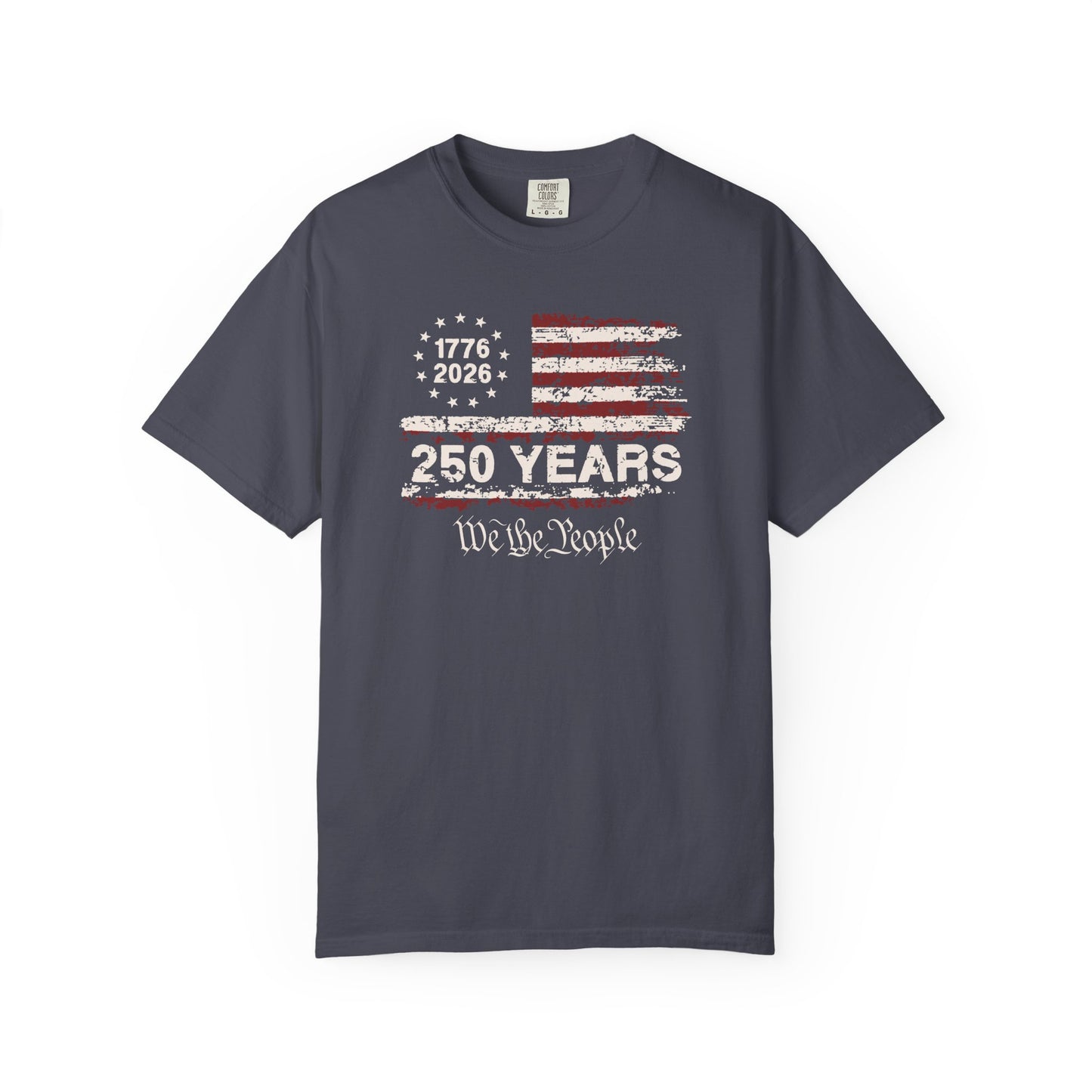 Navy blue t-shirt with American flag design and text on a white background