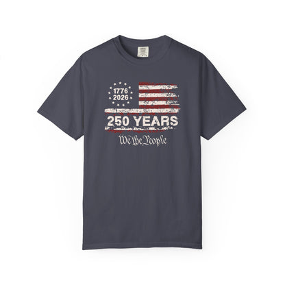 Navy blue t-shirt with American flag design and text on a white background
