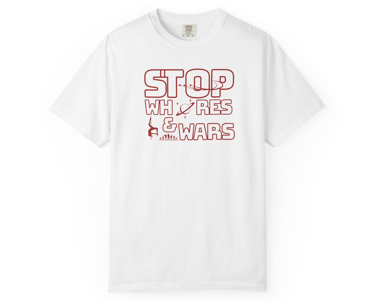 "STOP Wars graphic t-shirt in White — heavyweight garment-dyed cotton statement tee"