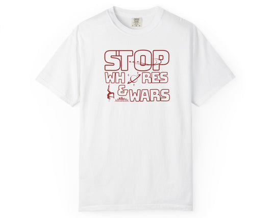 "STOP Wars graphic t-shirt in White — heavyweight garment-dyed cotton statement tee"