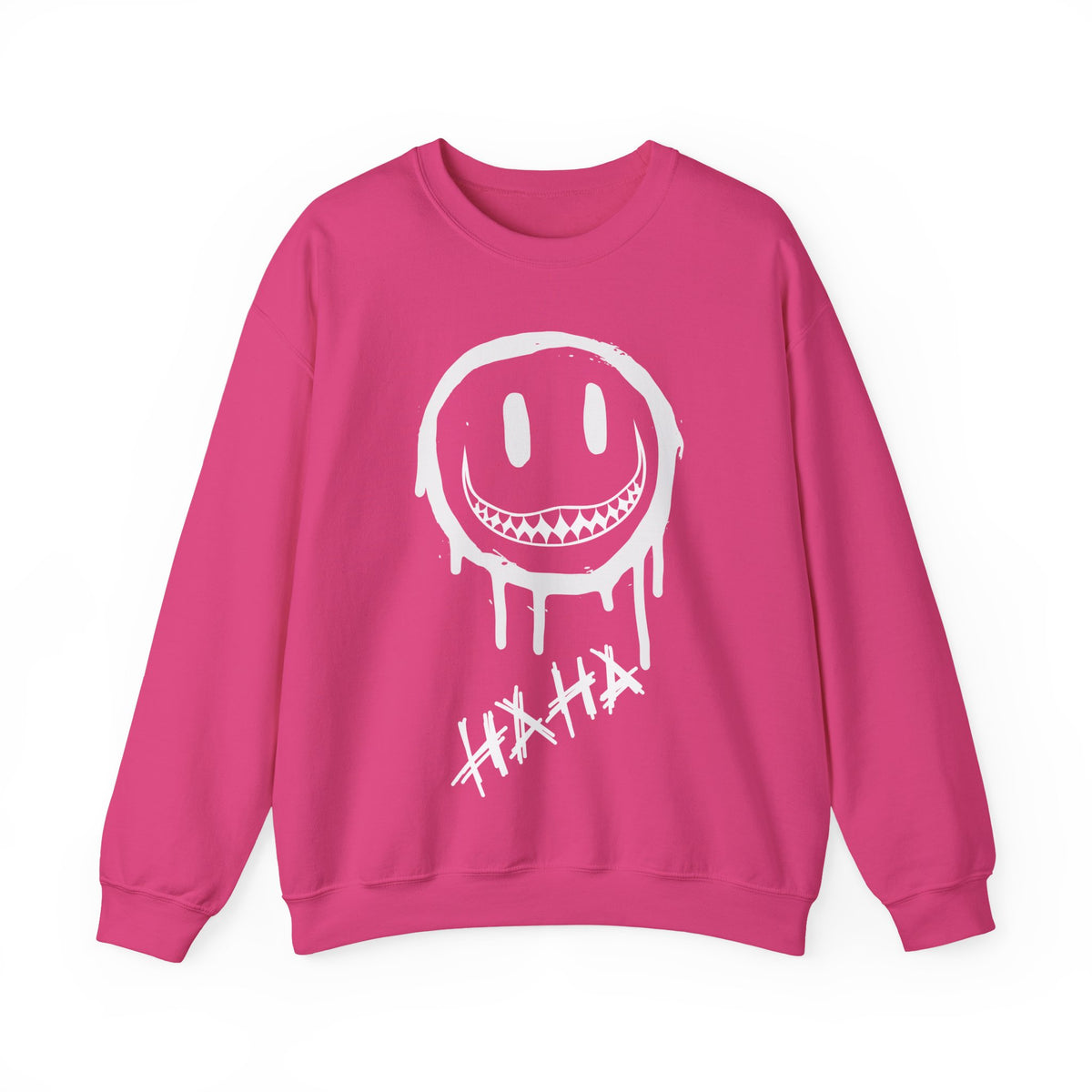 A bright Heliconia crewneck sweatshirt featuring a white dripping smiley face graphic with sharp teeth and the word 'HAHA' written below it, displayed on a clean white background.