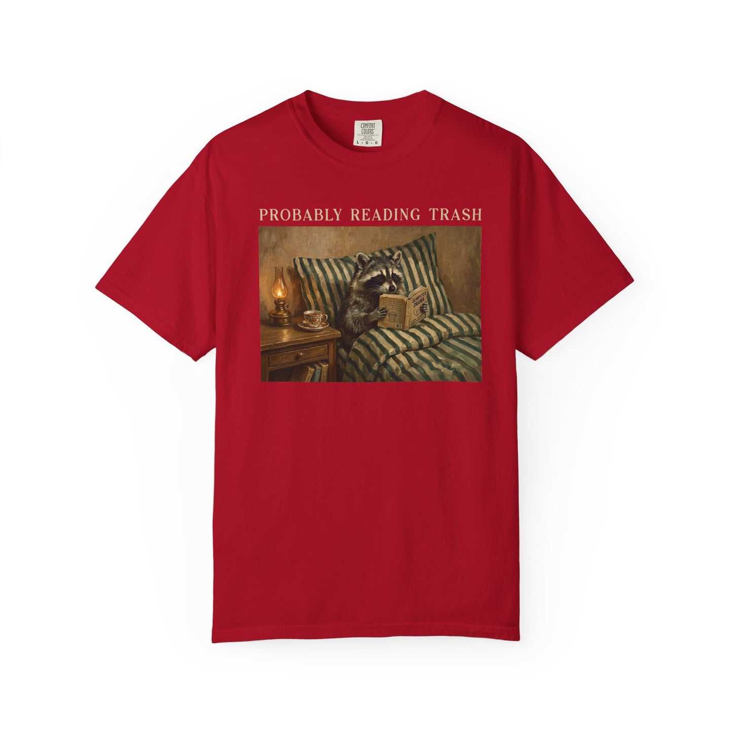 Raccoon Probably Reading Trash T-Shirt in red– Funny Bookish Graphic Tee
