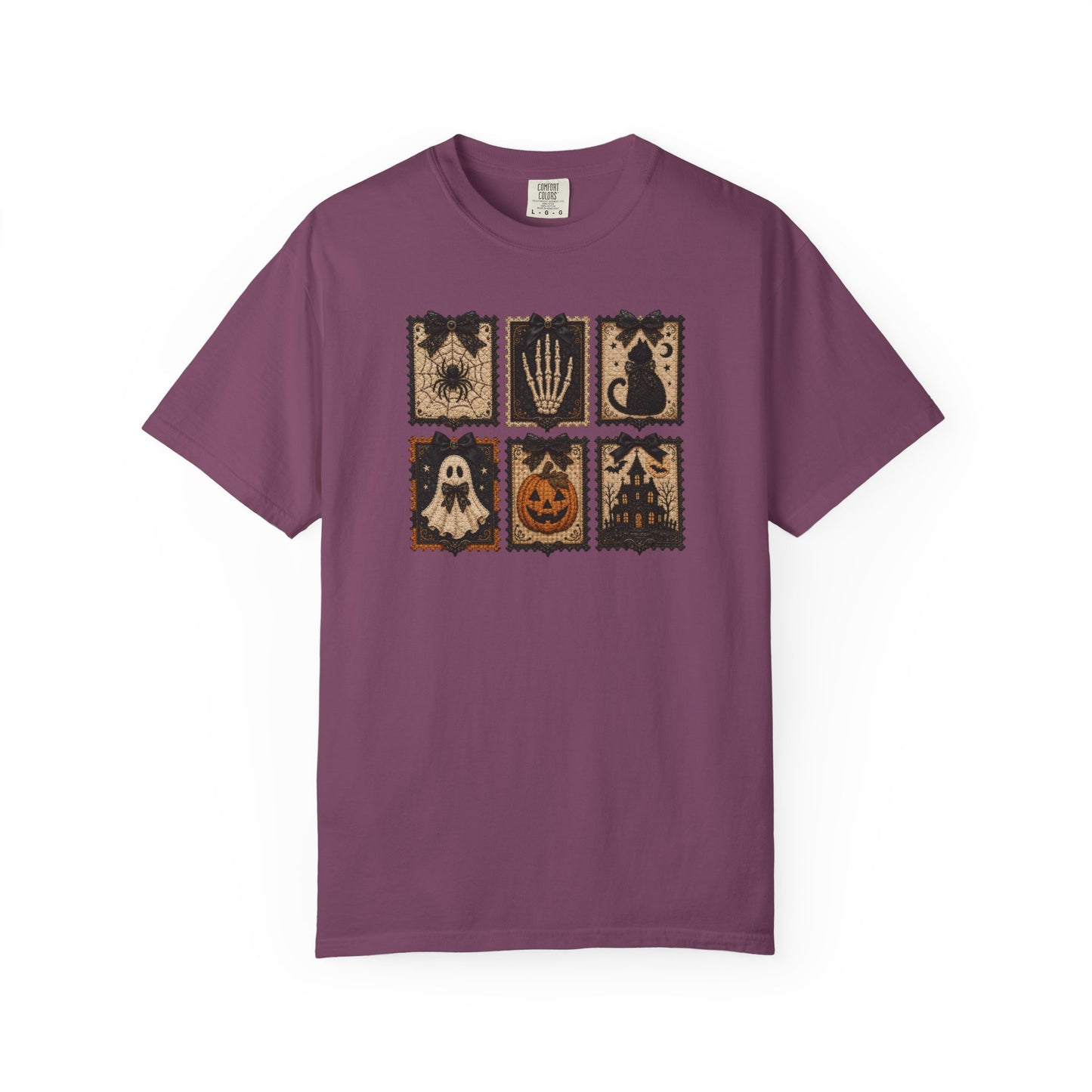 Vintage Halloween Faux Patchwork T-Shirt — Spooky Stamp Graphic Tee