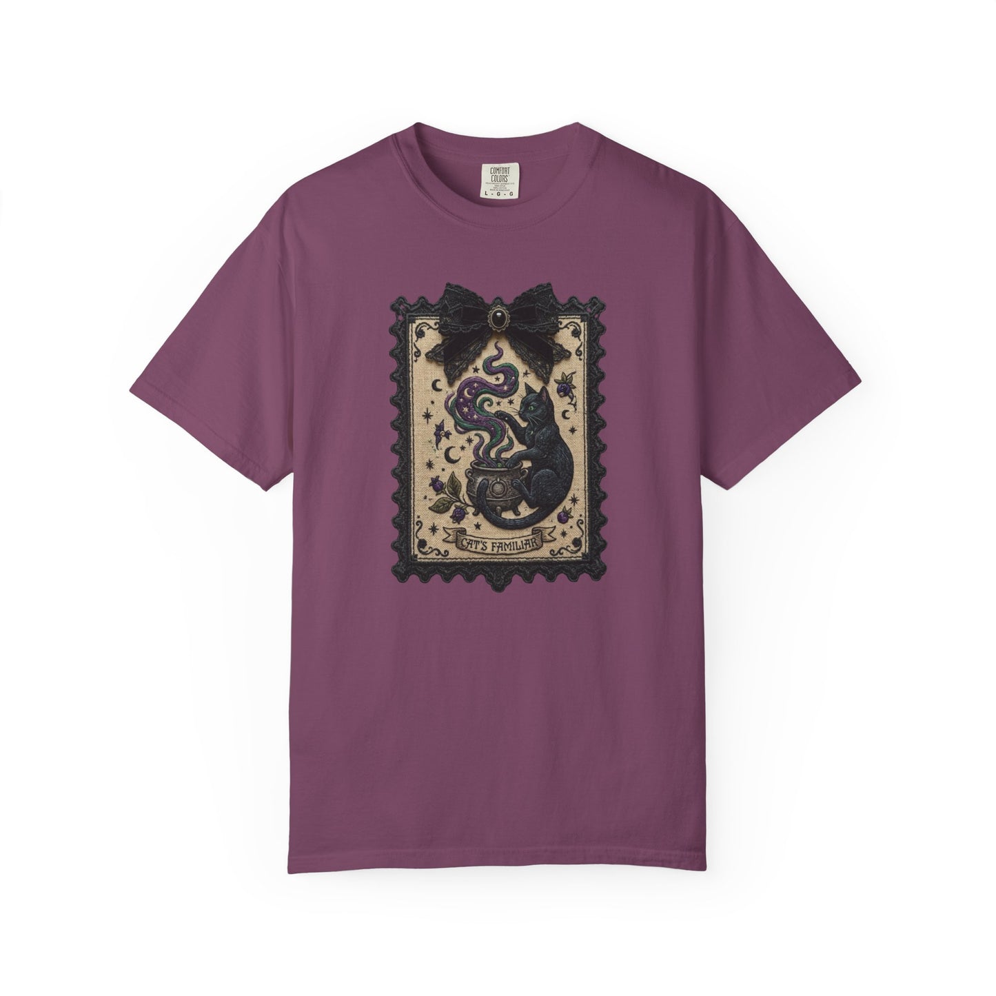 Vintage Black Cat Faux Tarot Stamp T-Shirt in Berry — faux tarot stamp print, soft garment dyed tee