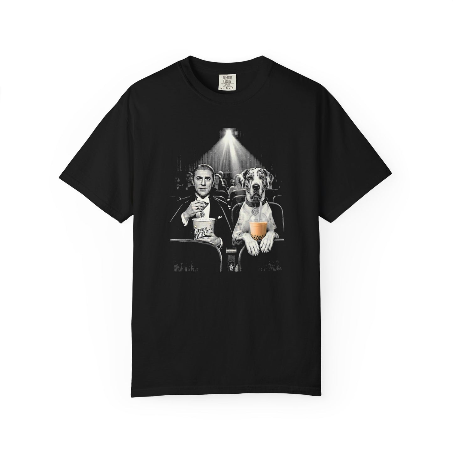 Movie Night Dracula & Great Dane T-Shirt Scary Movie Dog Graphic Tee – Black