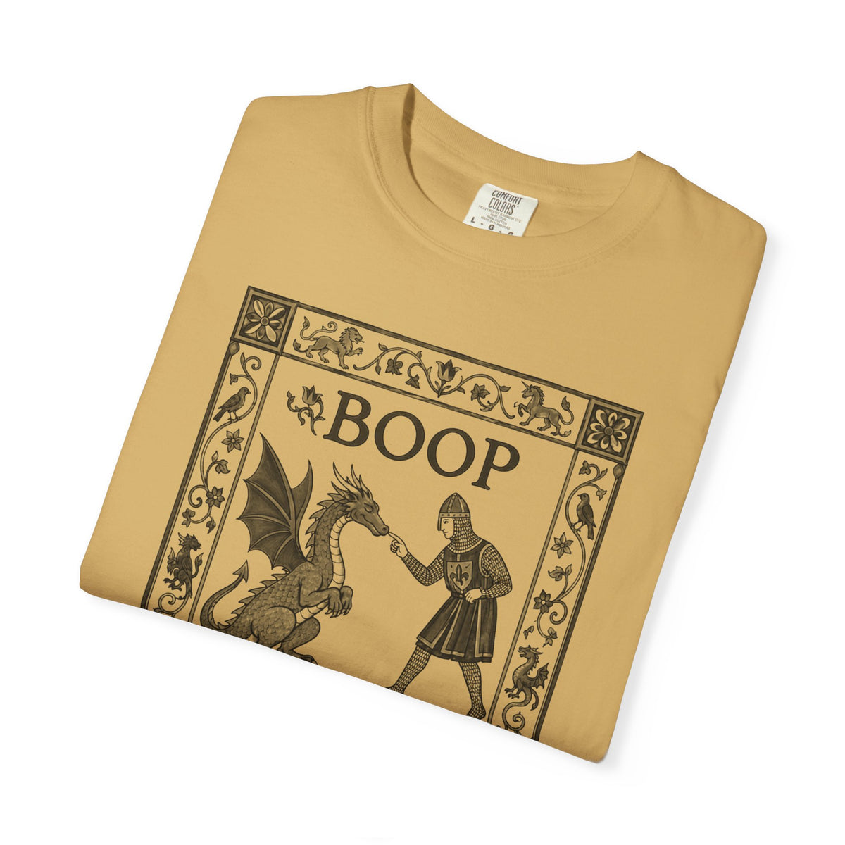 Boop Dragon T-Shirt in Mustard— vintage illustration tee featuring an armored knight and winged dragon with ornate border and "BOOP" lettering

