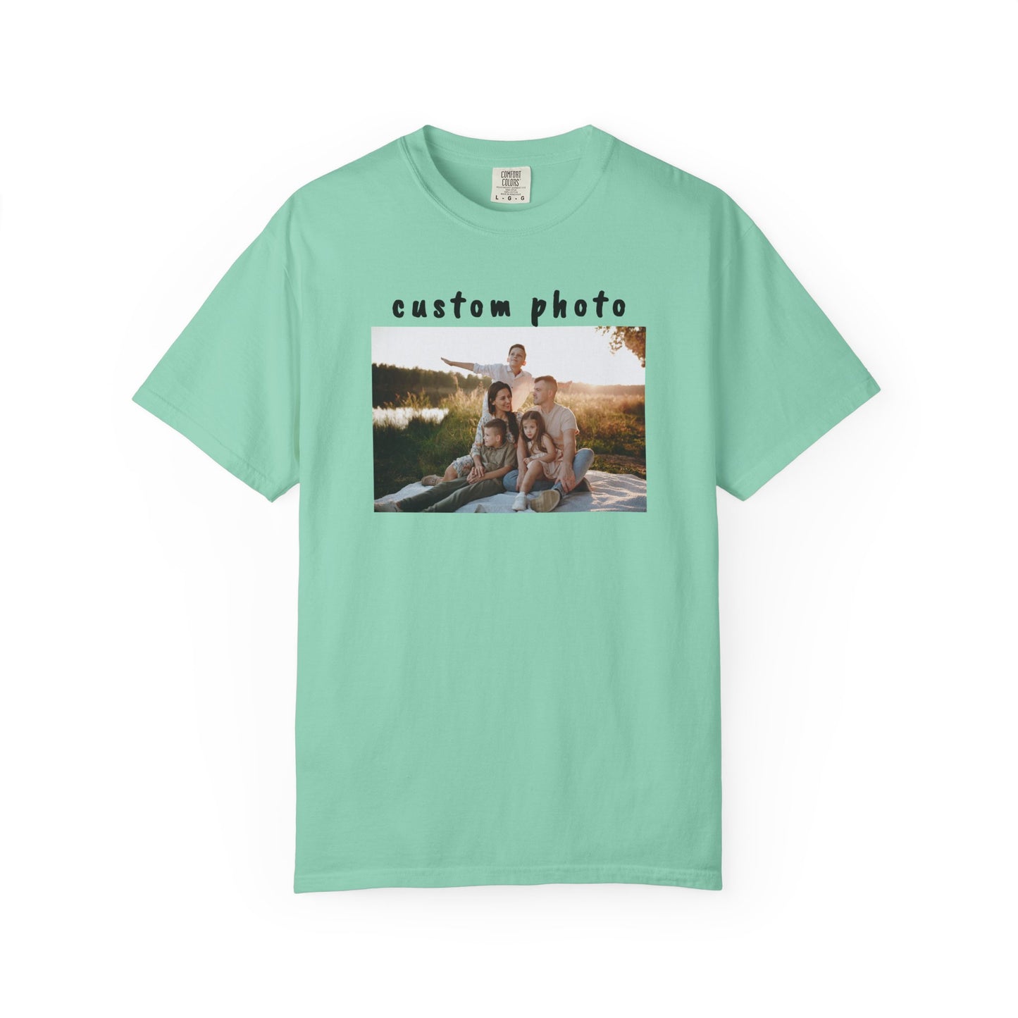 island reef t-shirt with a printed photo of a family by a lake on a white background
