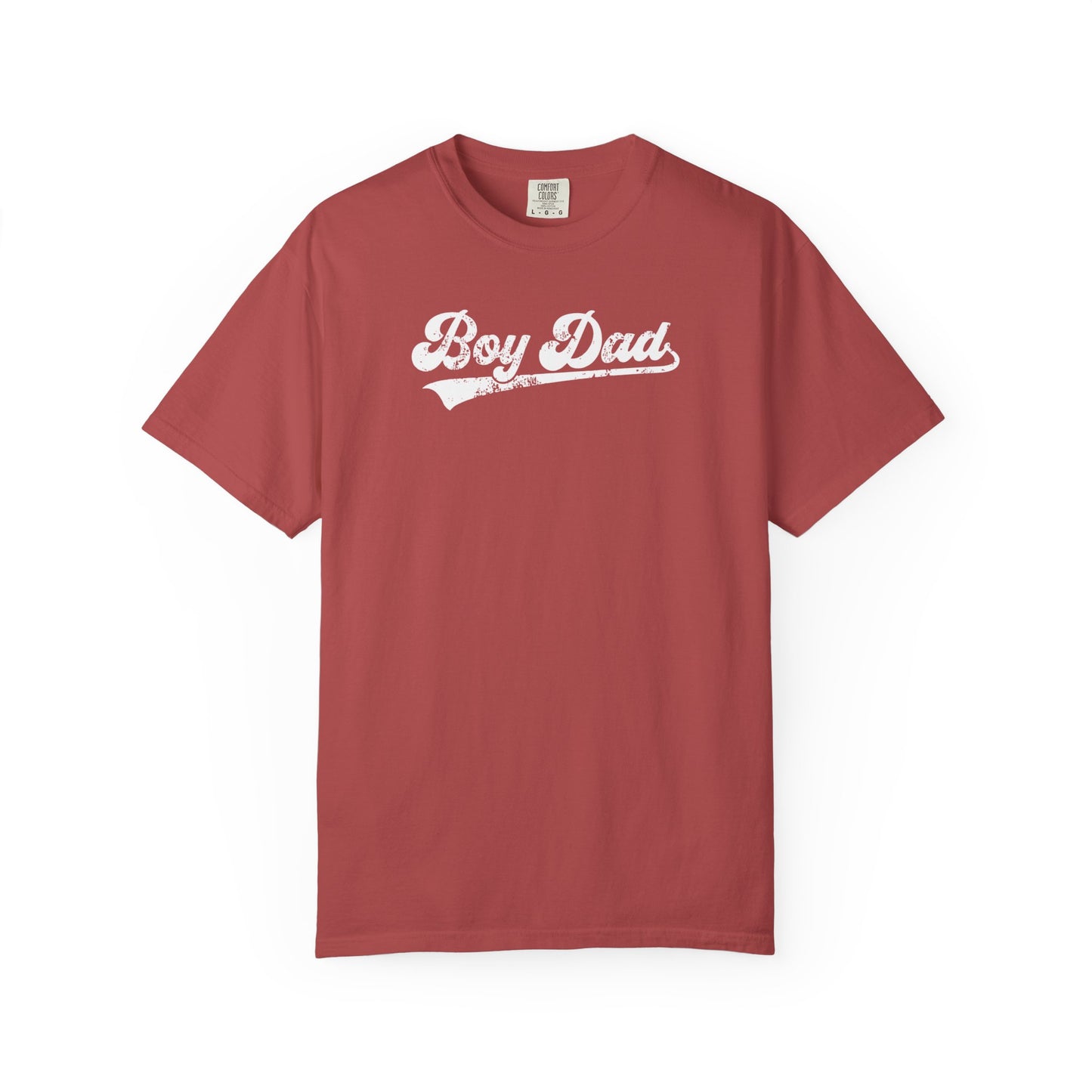 Crimson t-shirt with 'Boy Dad' text on a white background