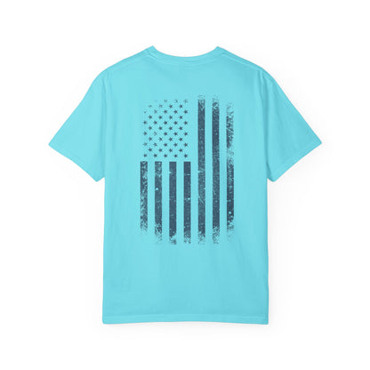 lagoon blue t-shirt with blue graphic design  of soldiers and a flag on front and back 