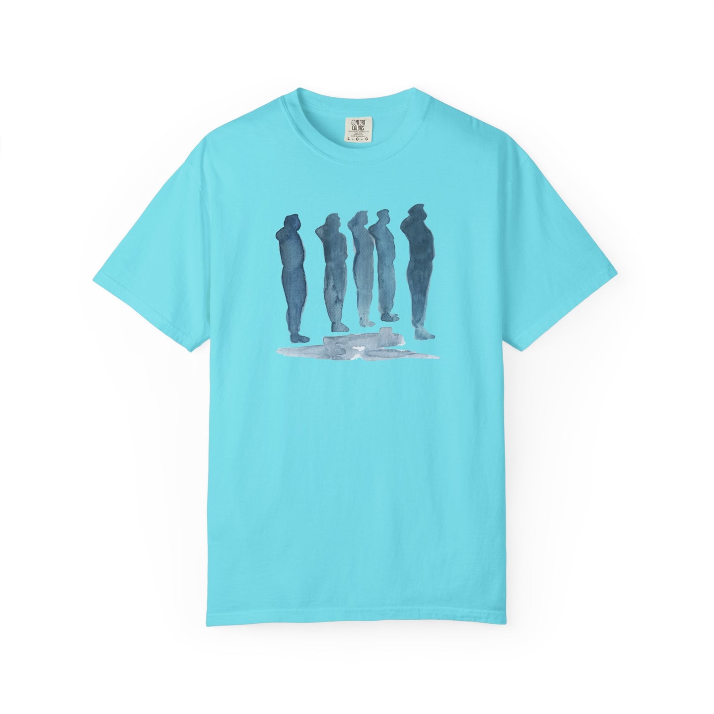 lagoon blue t-shirt with blue graphic design  of soldiers and a flag on front and back 