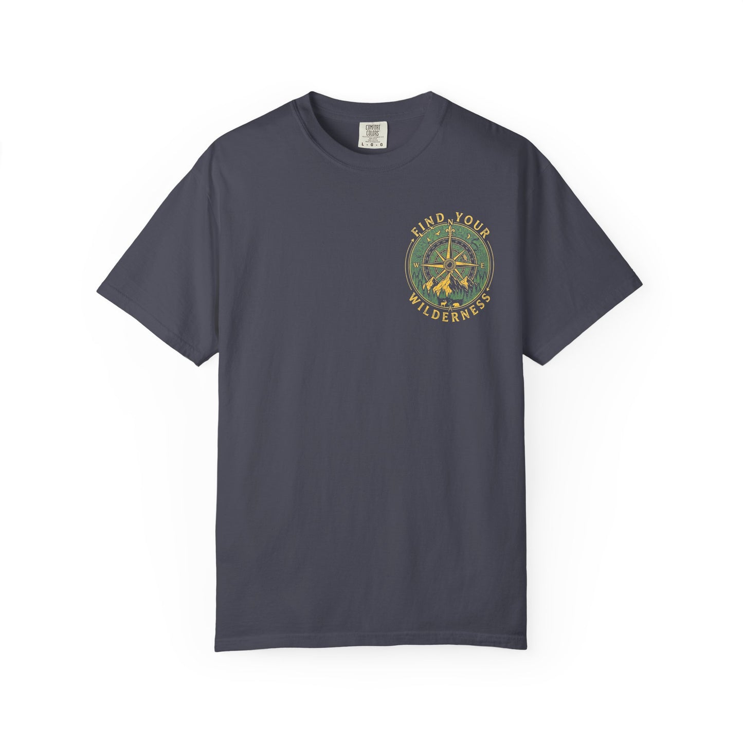 Navy blue t-shirt with a compass design and text on a white background