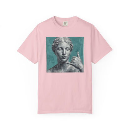Classical Statue Call Me t-shirt in Blossom — funny art shirt garment-dyed cotton
