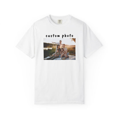 White t-shirt with a printed photo of a family on a white background