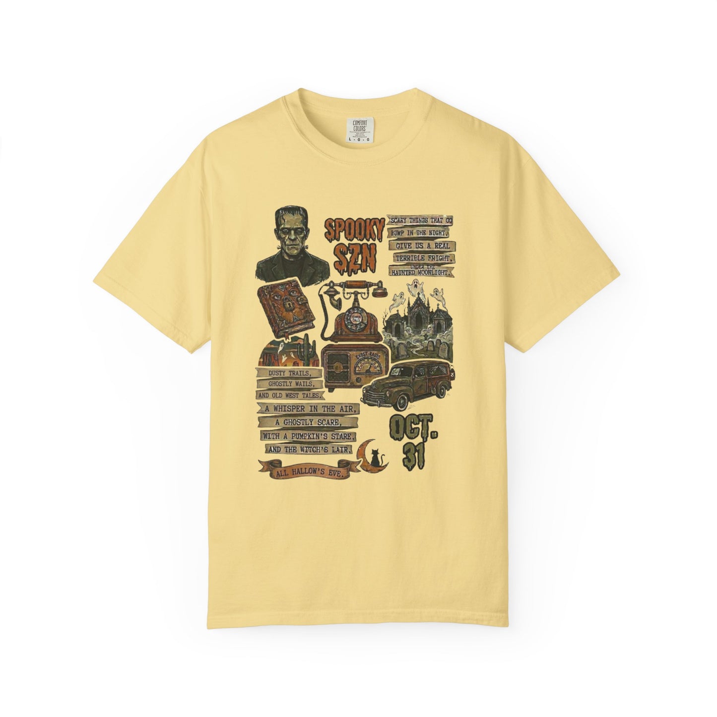 Spooky Season Graphic T-Shirt in Butter — vintage Halloween haunted carnival tee, garment dyed