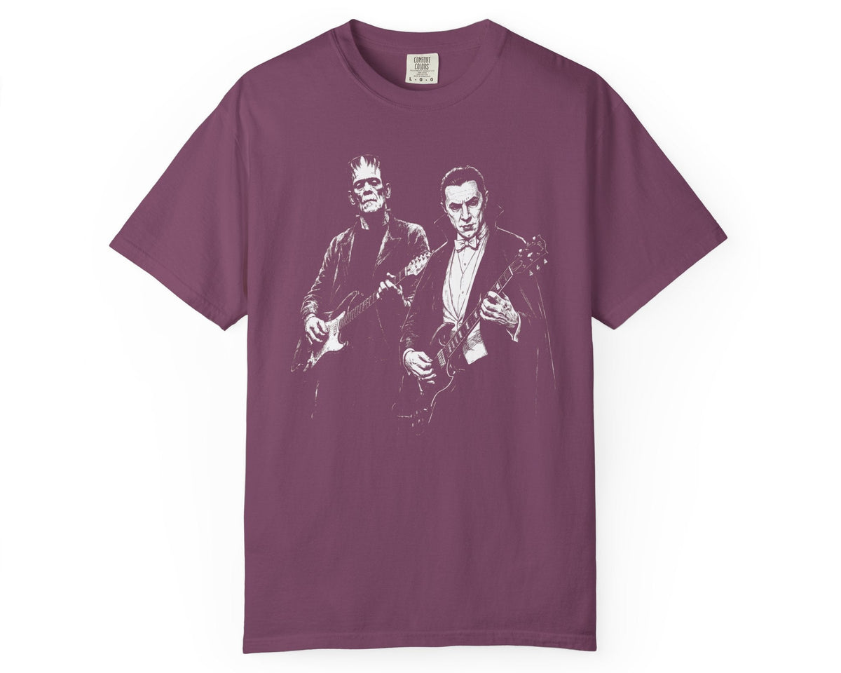 Berry garment-dyed Frankenstein and Dracula guitar tee with retro Halloween rock band graphic 