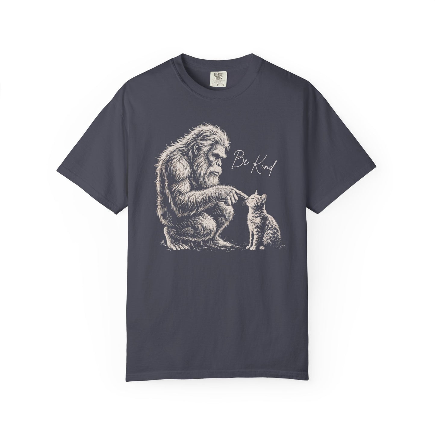 Be Kind Bigfoot & Kitten T-Shirt in Navy — Sasquatch graphic tee for cat lovers