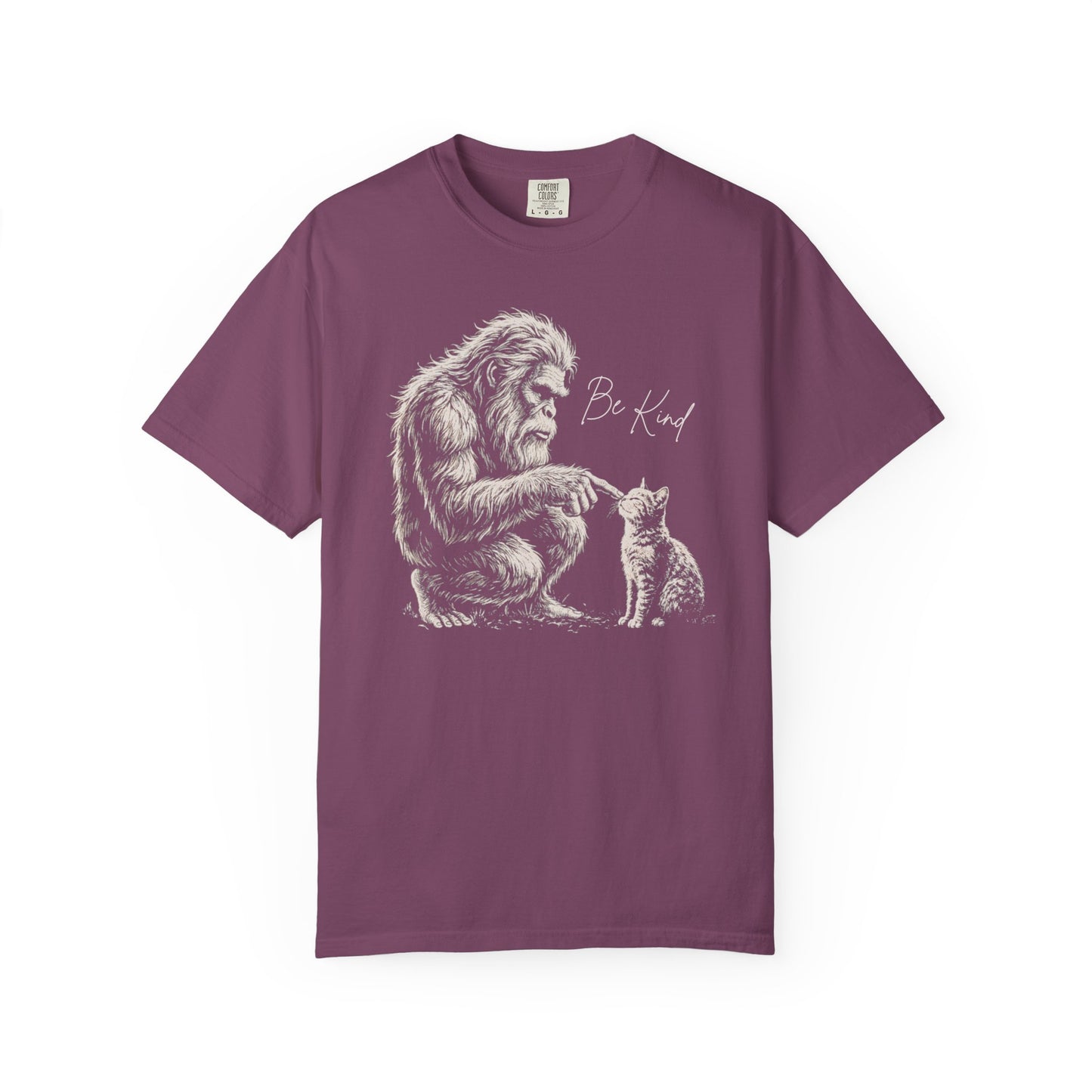 Be Kind Bigfoot & Kitten T-Shirt in Berry— Sasquatch graphic tee for cat lovers